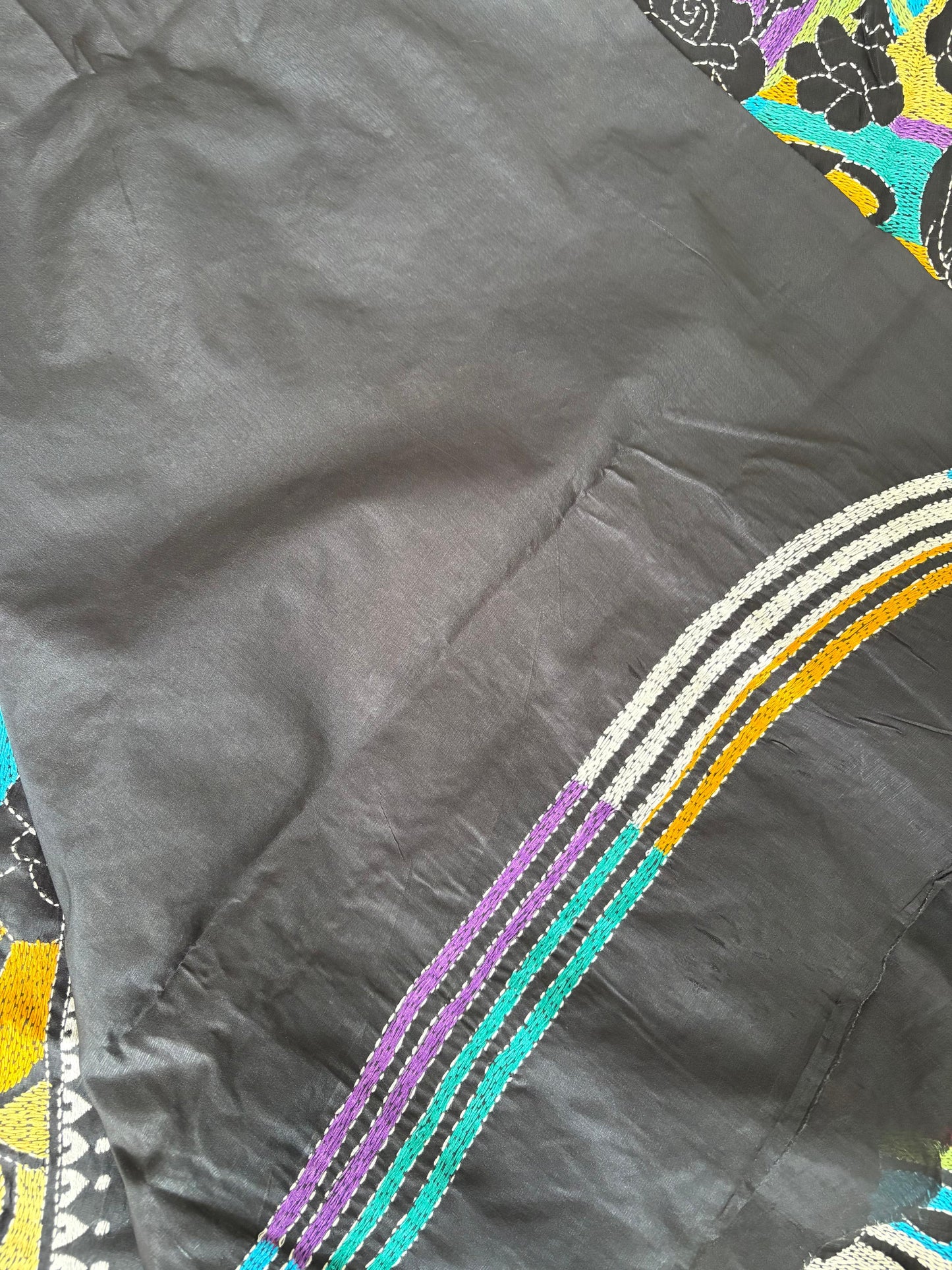 Reverse Kantha Stitch Hand Embroidered Art Silk Saree With Blouse