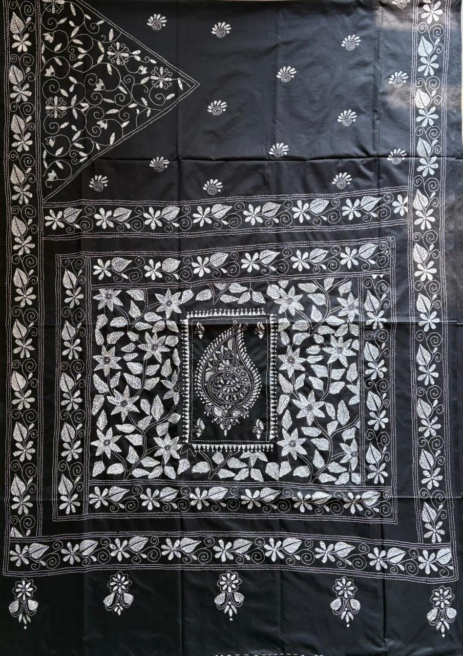 Kantha Stitch Hand Work Embroidered Art Silk Saree With Blouse