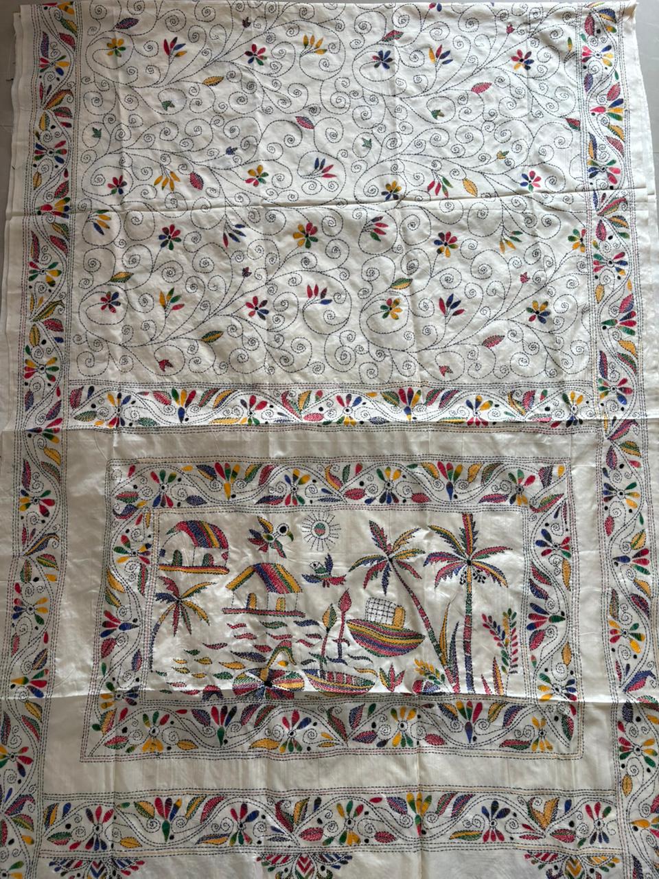 Kantha Stitch Hand Work Embroidered Art Silk Saree With Blouse