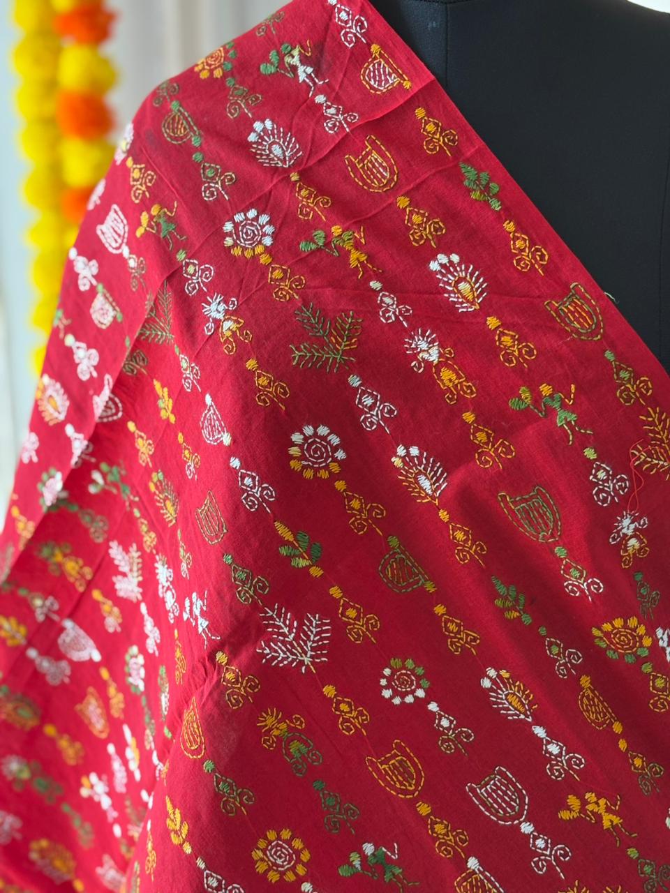 Kantha Hand Embroidary Full Work Pure Cotton Dupatta-Red “36”
