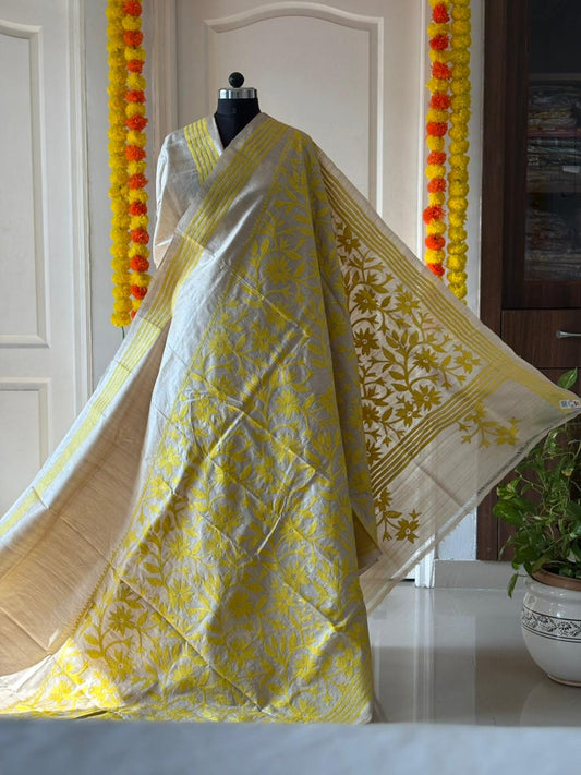 Kantha Stitch Hand Embroidered Pure Gachi by Gachi Tussar Silk Saree (Silk Marked)