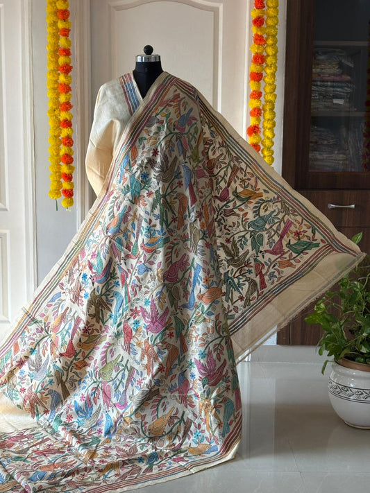 Kantha Stitch Hand Embroidered Pure Gachi by Gachi Tussar Silk Saree (Silk Marked)