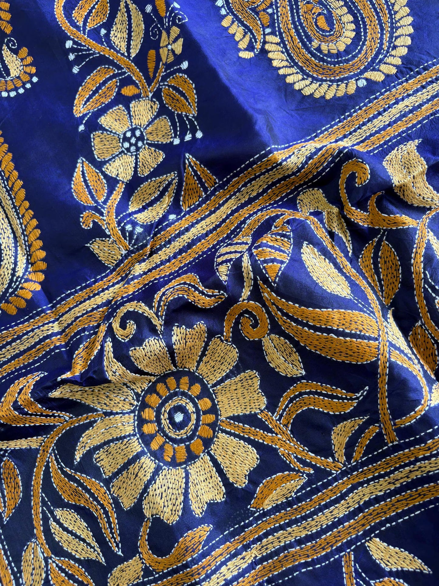 Kantha Hand Embroidered Pure Bangalore Silk Saree (Silk Marked)