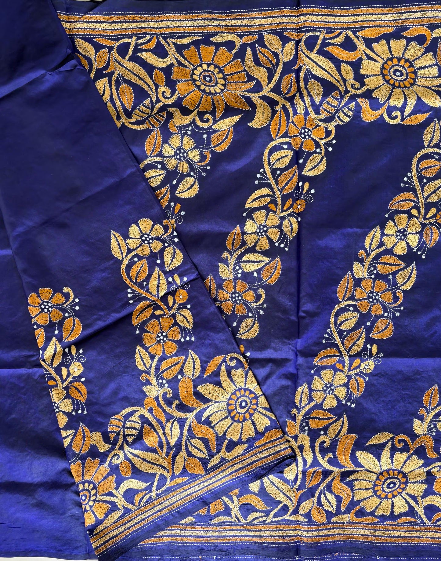 Kantha Hand Embroidered Pure Bangalore Silk Saree (Silk Marked)