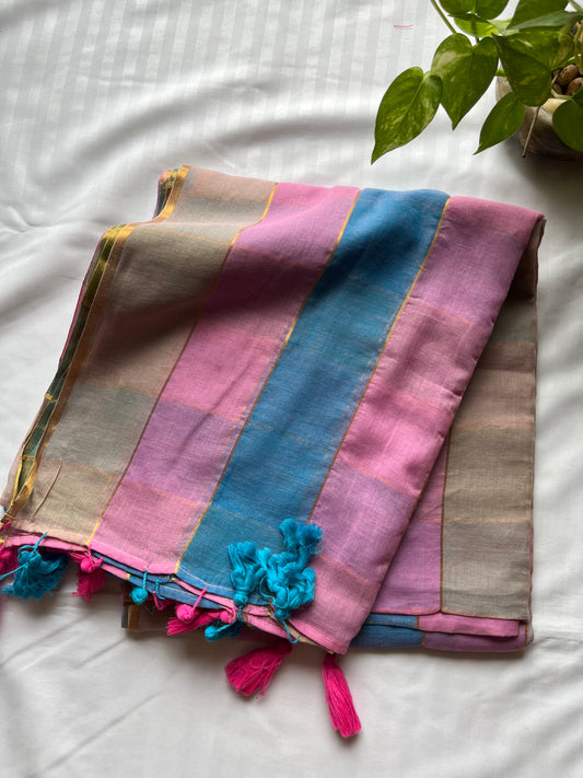 Mul Cotton Check Stripes Golden Lining Saree