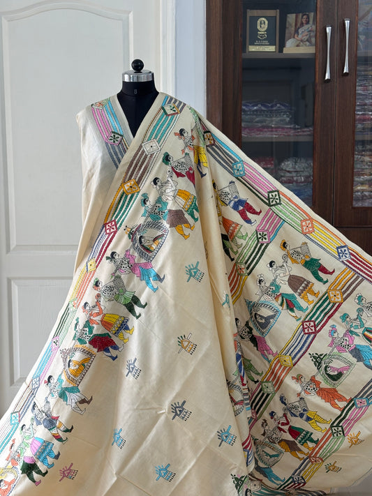 Kantha Hand Embroidered Pure Tussar Silk Saree