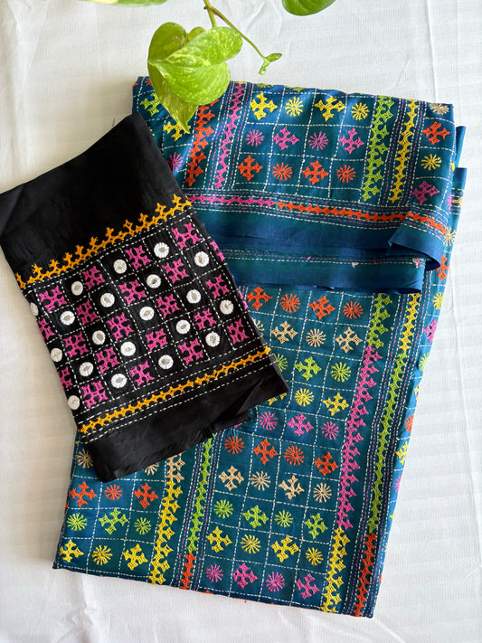 Gujrati Stitch/Kutch Hand Embroidered Art Silk Saree