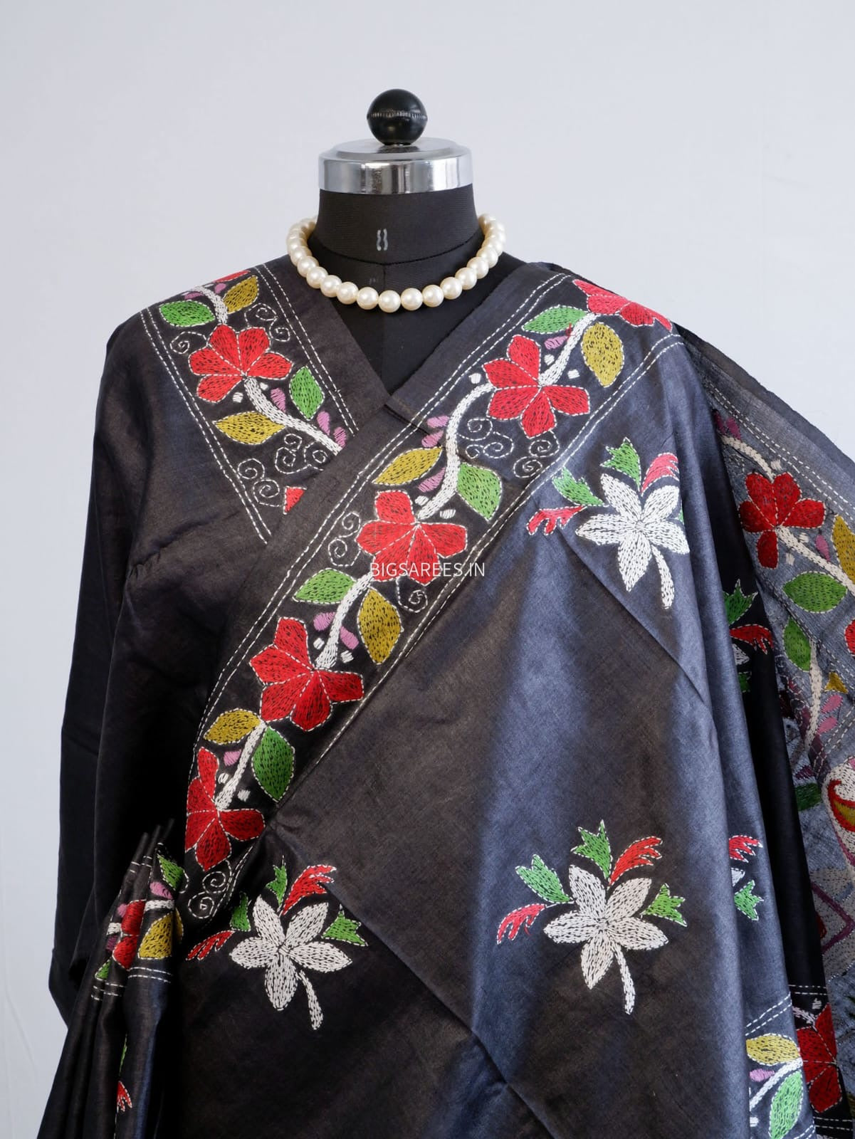 Kantha Stitch Hand Embroidered Saree | Pure Tussar Silk | Silk Mark Certified | Black