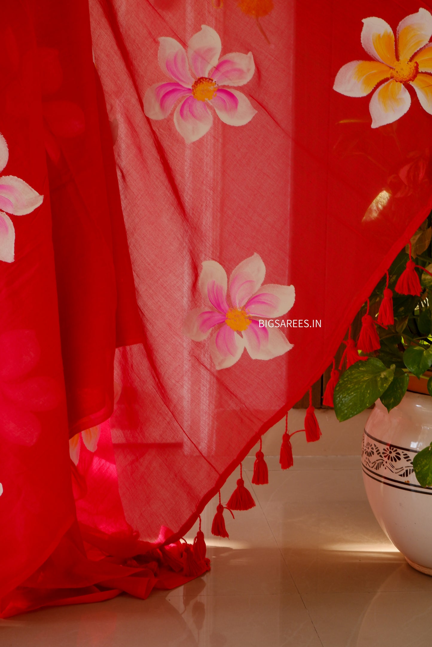 Hand Painted Mul Cotton Saree with Blouse | Red