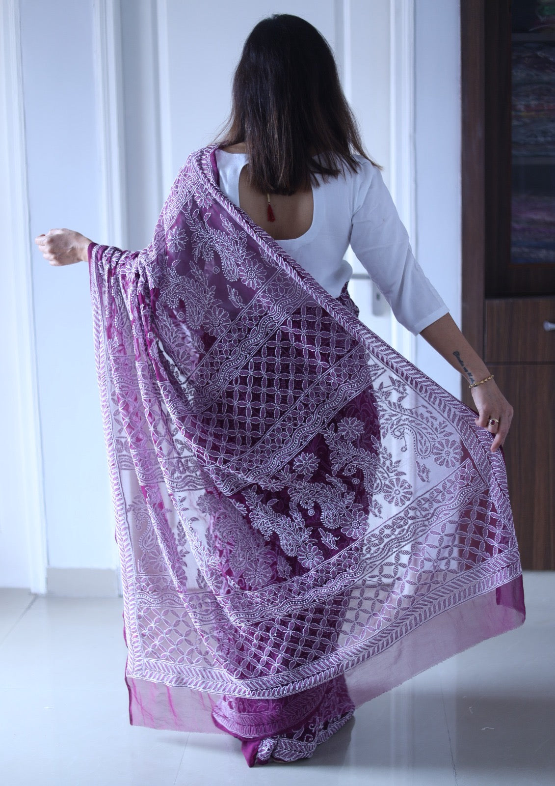 Ultra wine Chikankari Work Hand Embroidered Georgette Saree