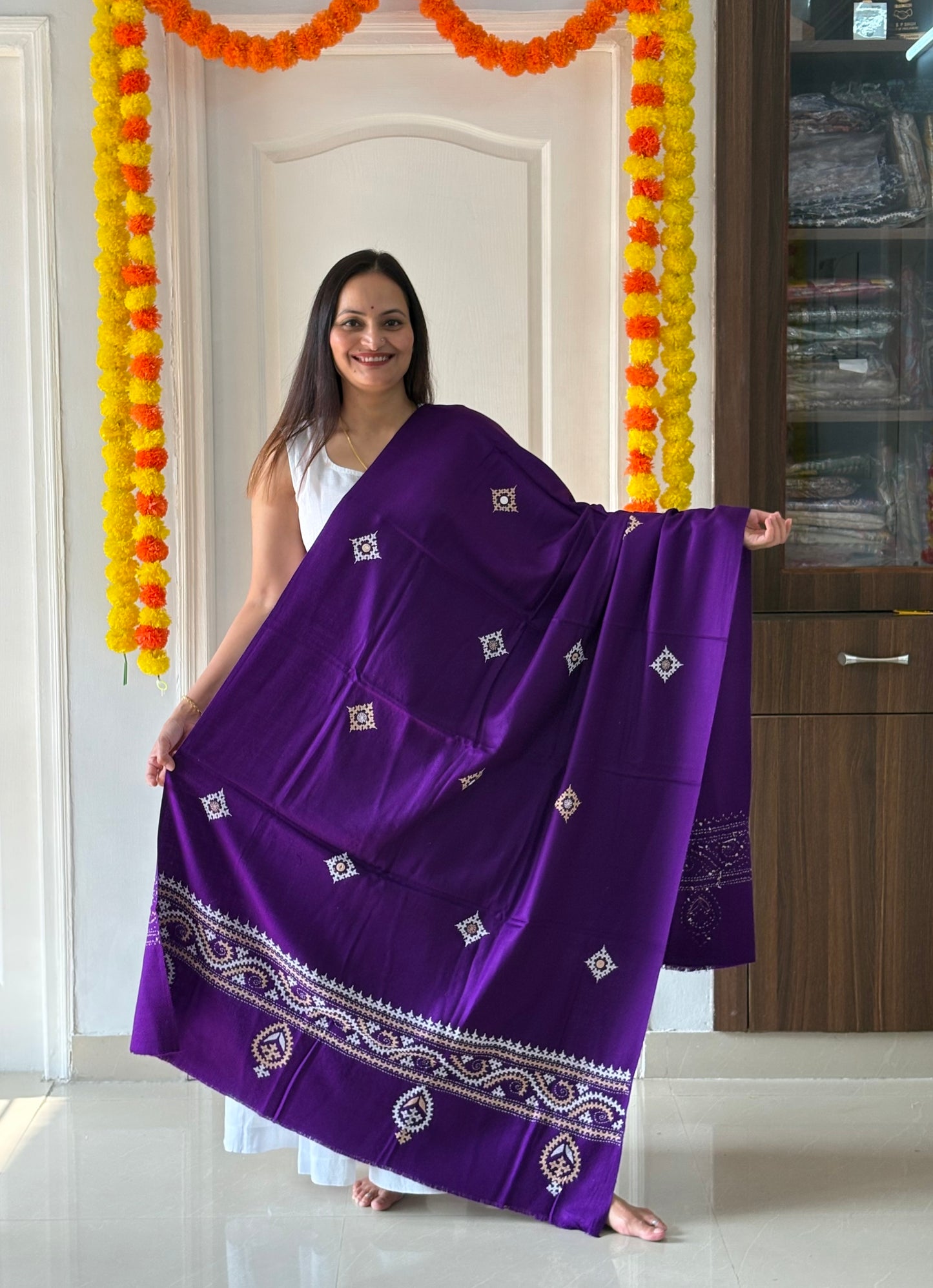 Gujrati Stitch Hand Embroidered Woollen Warm Shawl