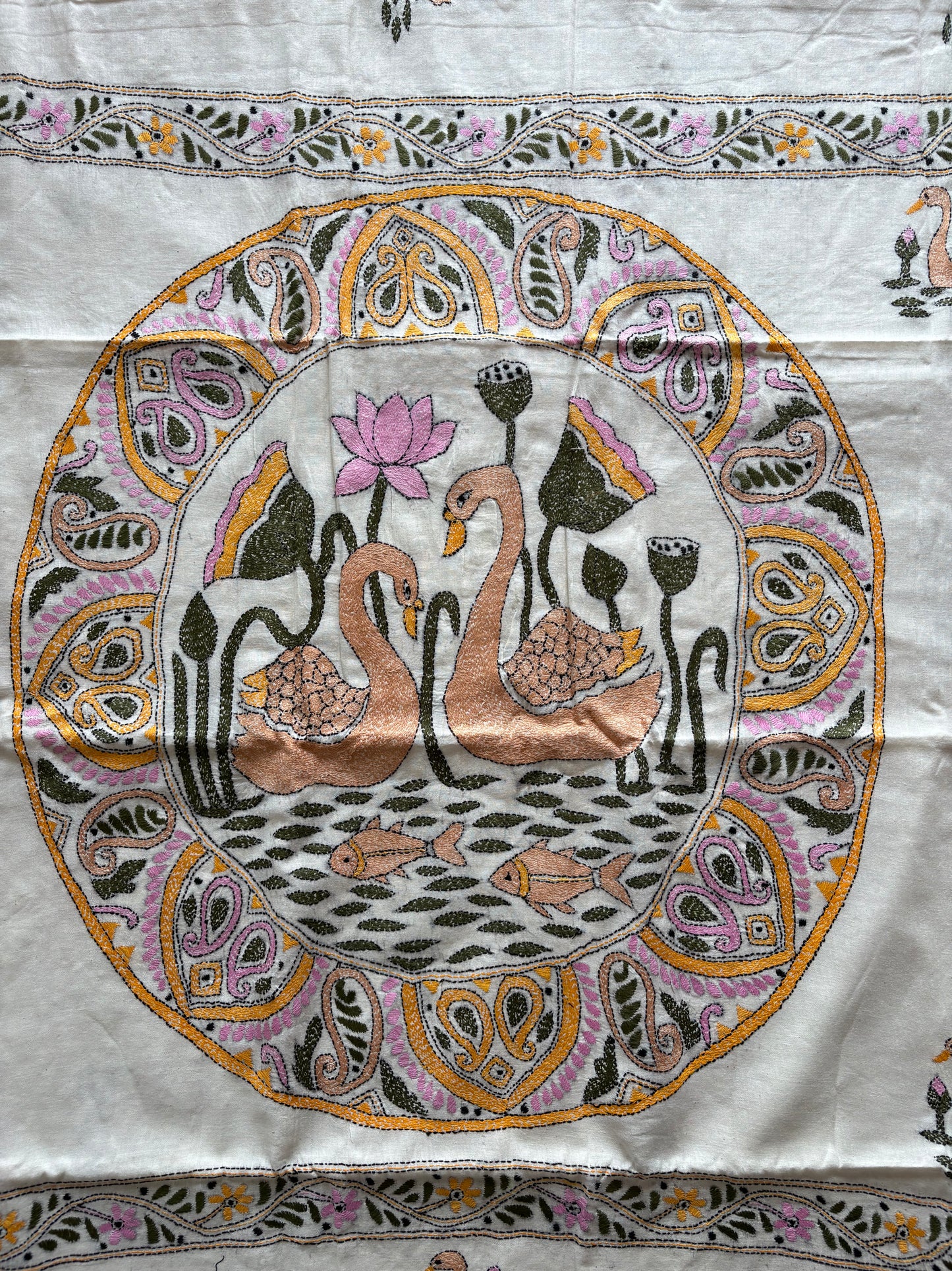 Kantha stitch Khadi Cotton Saree - Off white