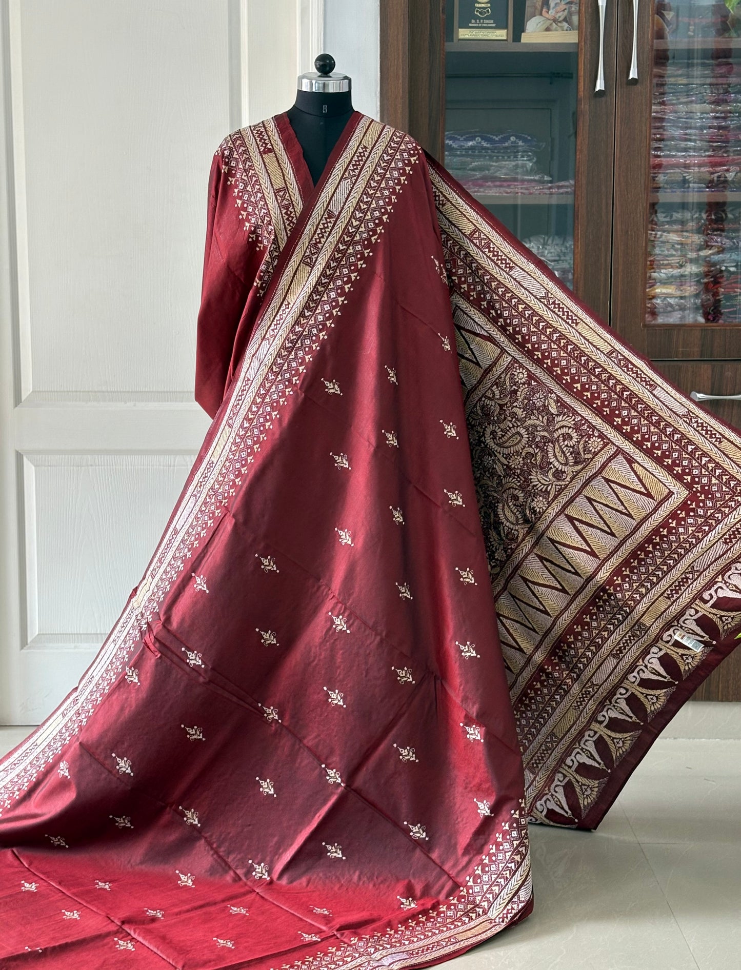 Kantha Stitch Hand Embroidered Pure Banglore Silk Saree (Silk Marked)