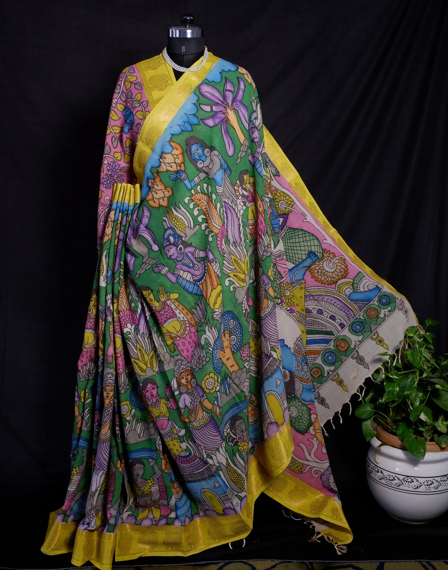 Pen Kalamkari hand painted pure cotton Saree with blouse