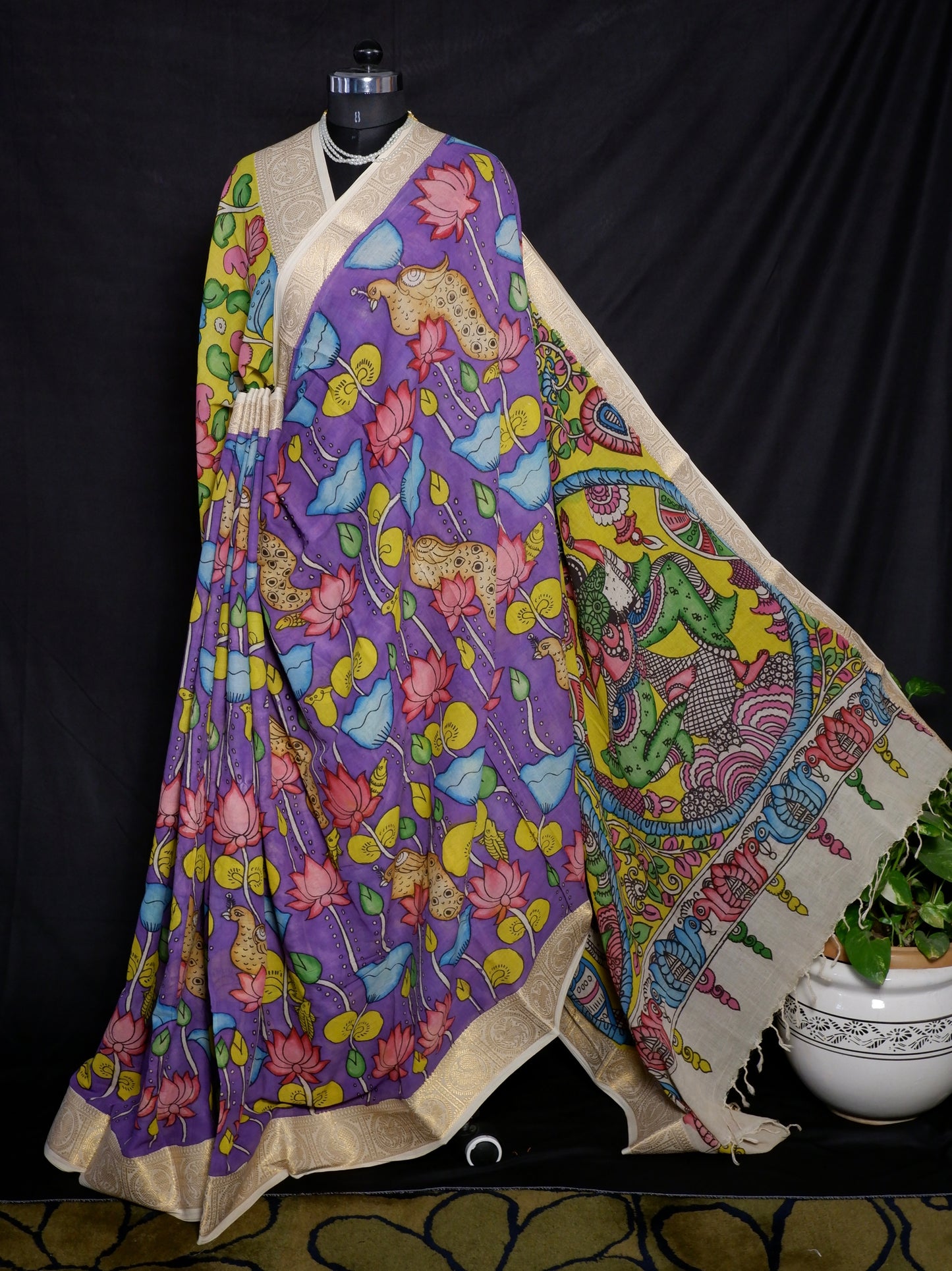 Pen Kalamkari hand painted pure cotton Saree with blouse