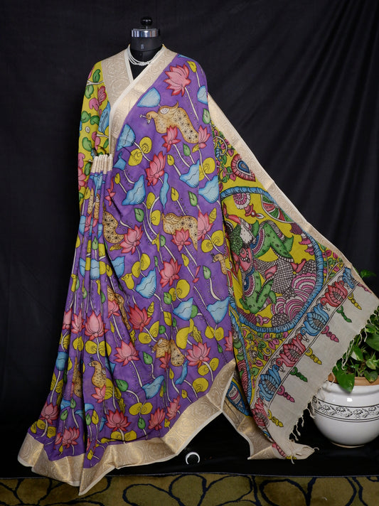 Pen Kalamkari hand painted pure cotton Saree with blouse