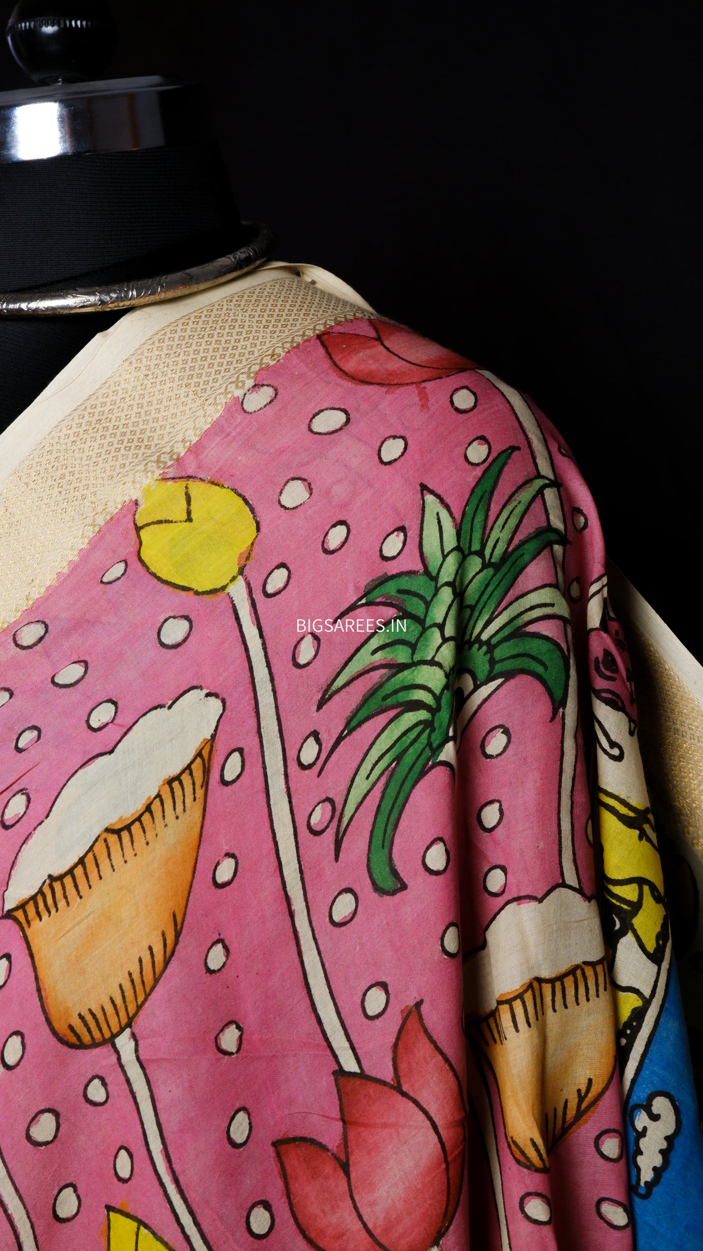 Pen Kalamkari hand painted pure cotton Saree with blouse