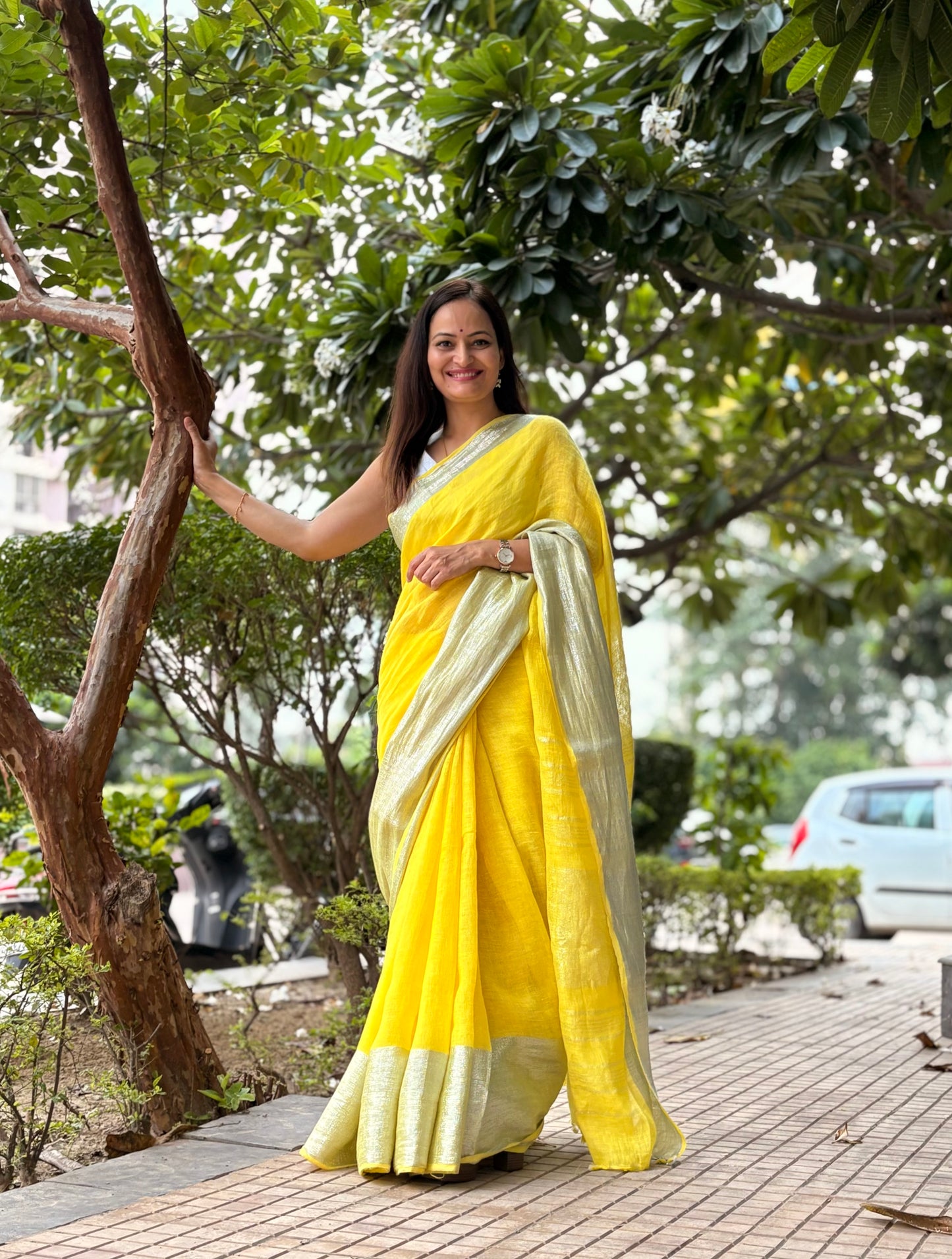 Yellow Silver pure Linen By Linen Saree With running Blouse