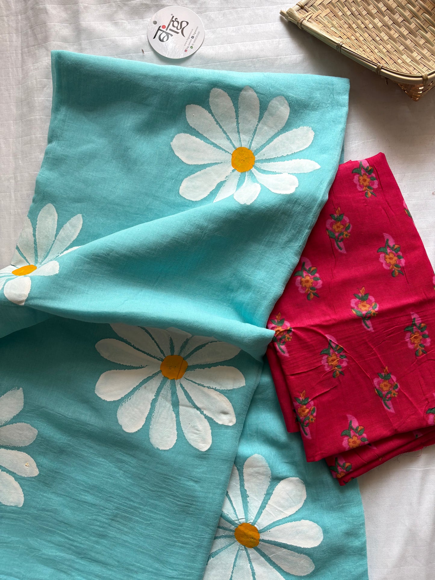 Hand Painted Mul Cotton Saree with Blouse | Sky Blue