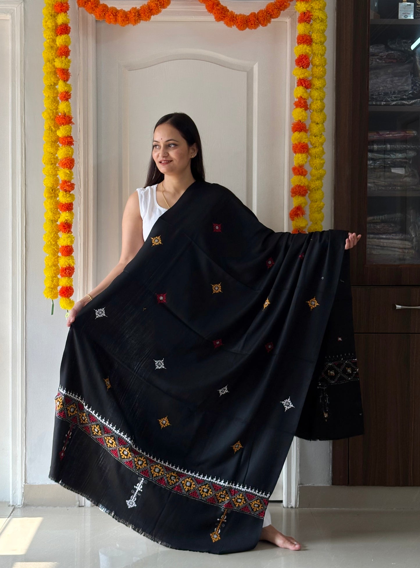 Gujrati Stitch Hand Embroidered Woollen Warm Shawl