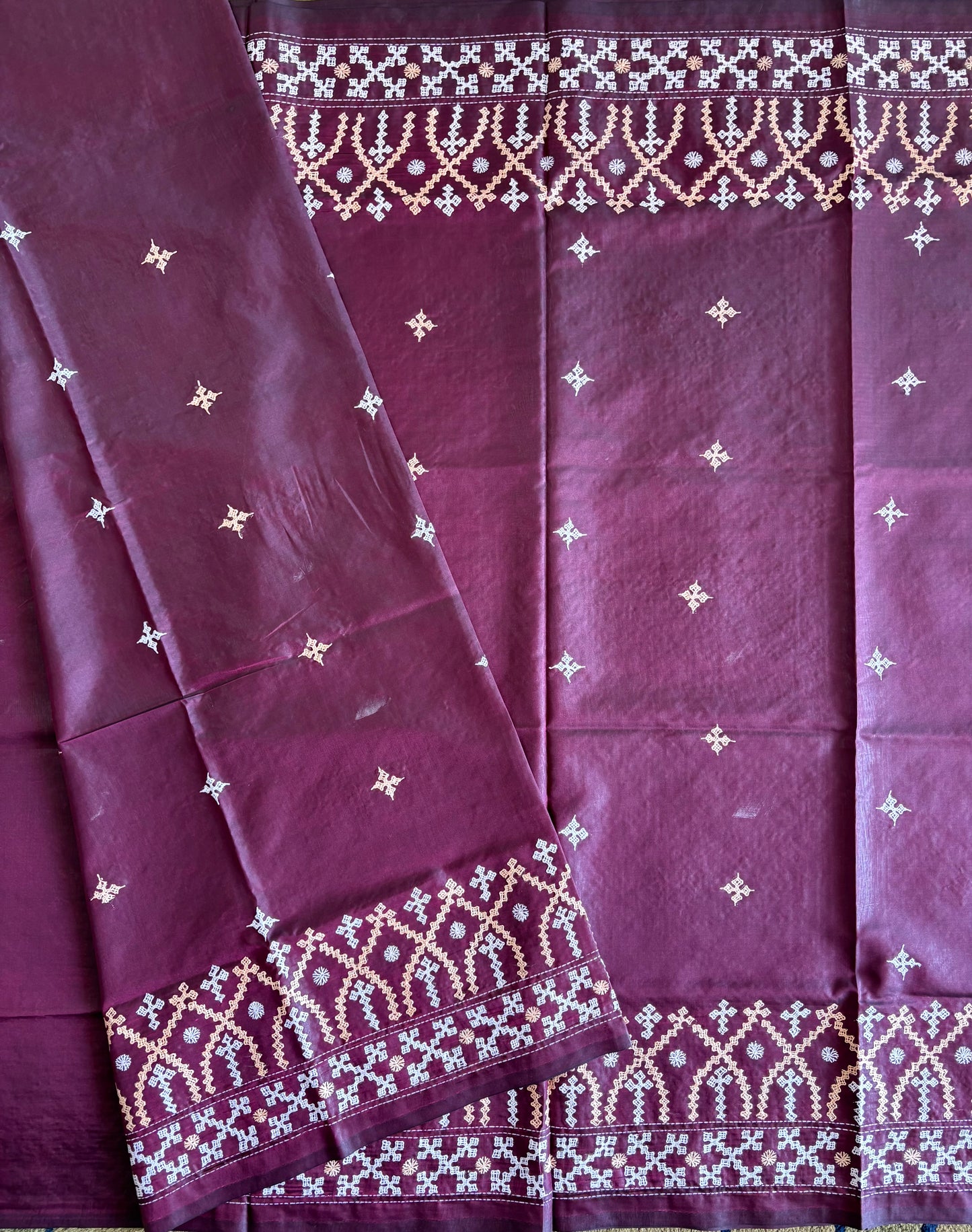 Gujrati Stitch/Kutch Hand Embroidered Art Silk Saree