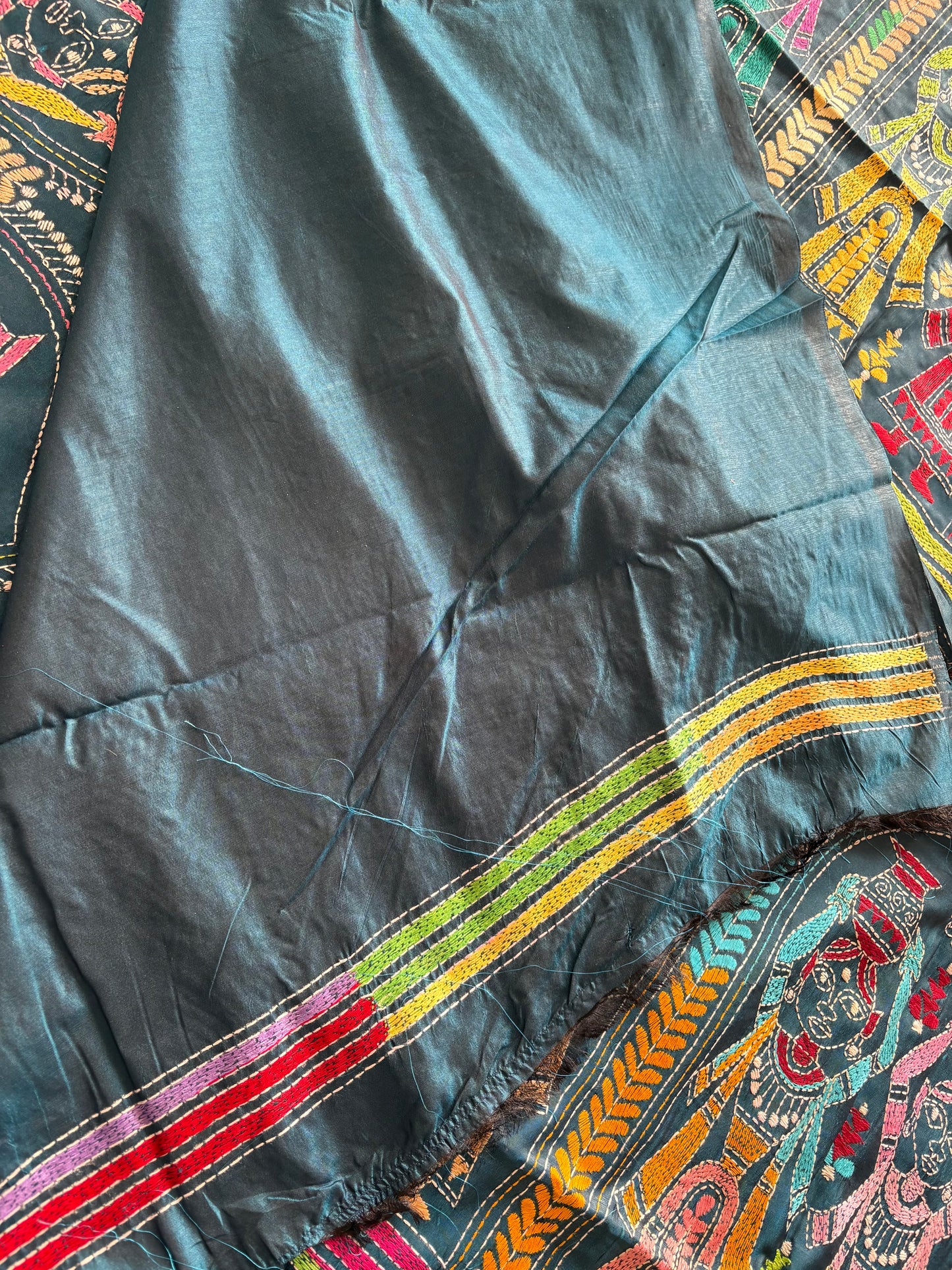 Kantha Hand Embroidered Blended Banglore Silk/Art Silk Saree With Blouse