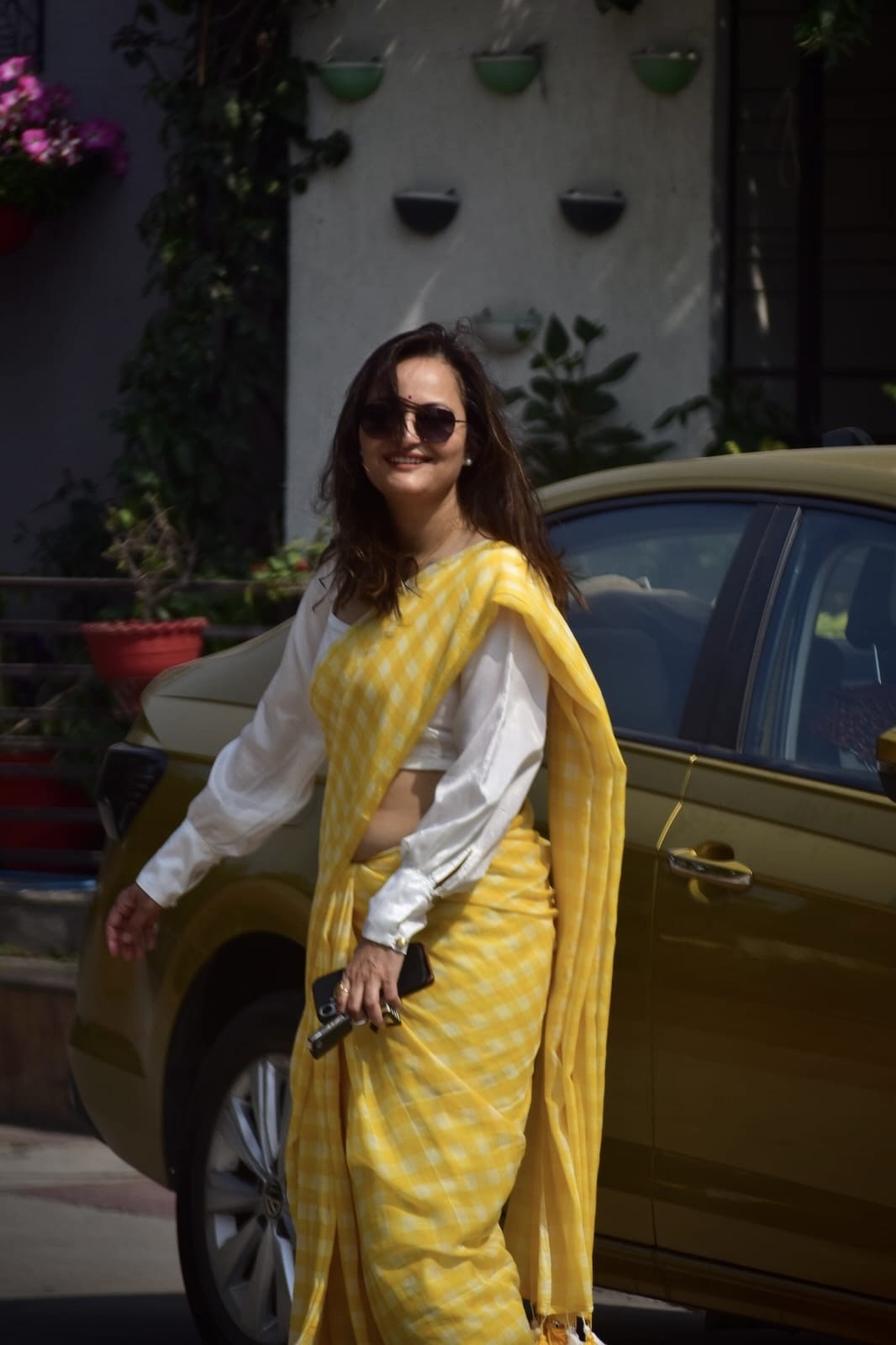 Checkered Mul Cotton Saree With Ikat Blouse | Ultra Lightweight | Yellow