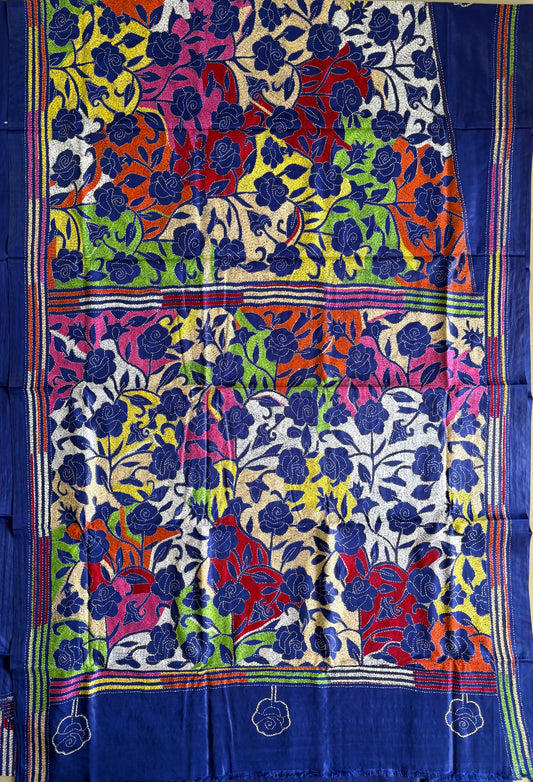 Kantha Hand Embroidered Blended Banglore Silk/Art Silk Saree With Blouse