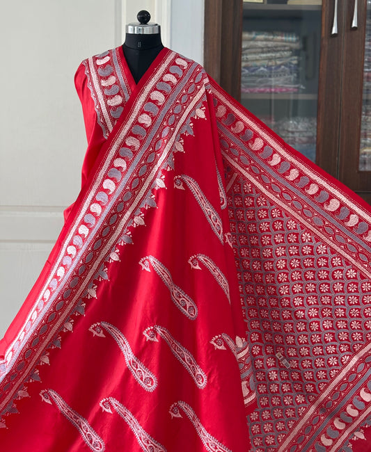 Red Kantha Stitch Hand Embroidered Pure Banglore Silk Saree (Silk Marked)