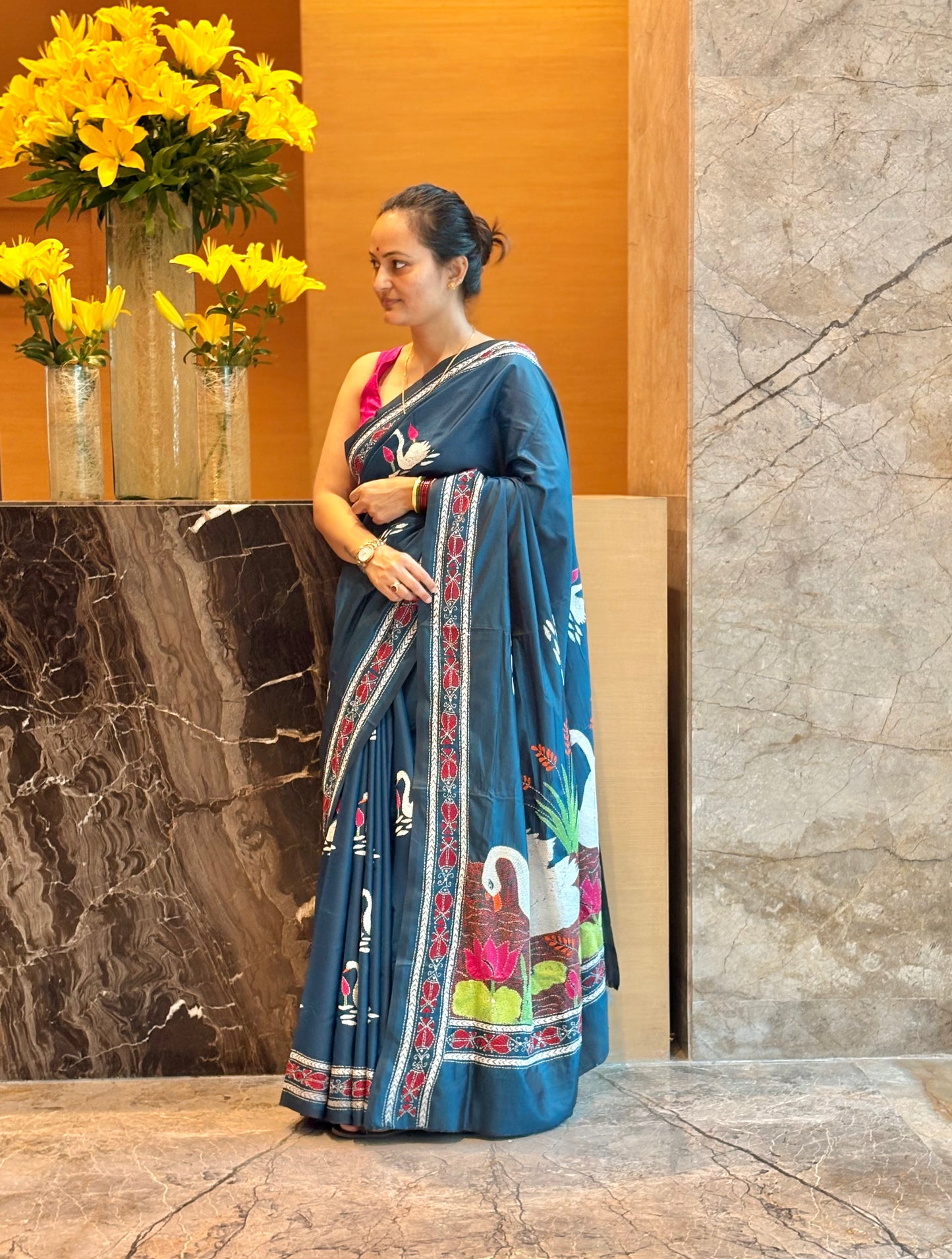 Kantha stitch Hand Work Art Silk Saree With Blouse