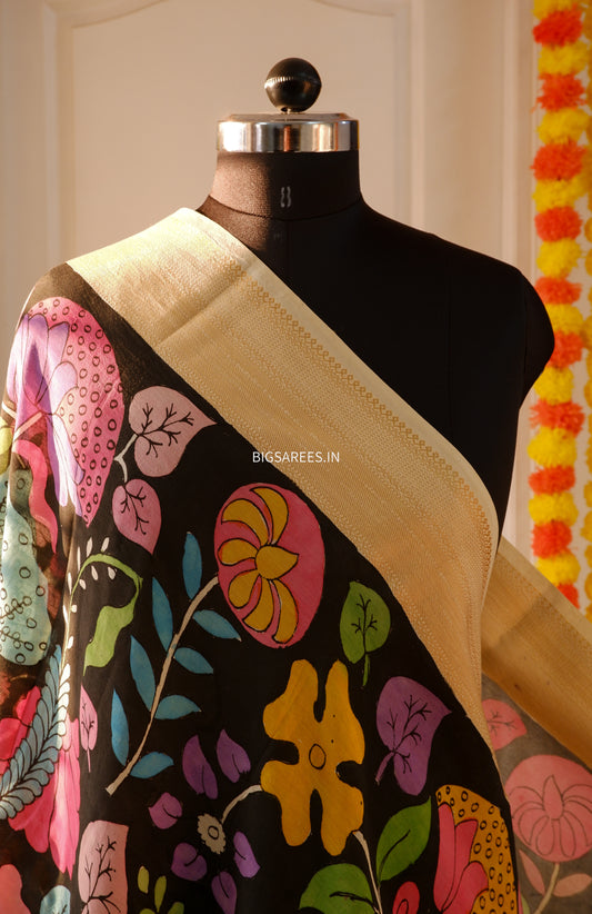 Pen Kalamkari Hand Painted Bangalore Silk Dupatta/Black/36"