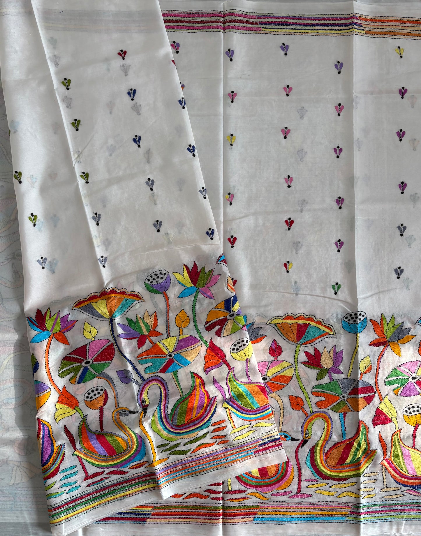 Kantha Hand Embroidered Blended Banglore Silk/Art Silk Saree With Blouse