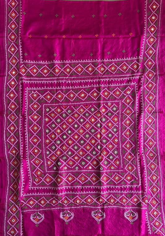 Kutch work/Gujrati stitch Hand Embroidered Pure Tassar Silk Saree