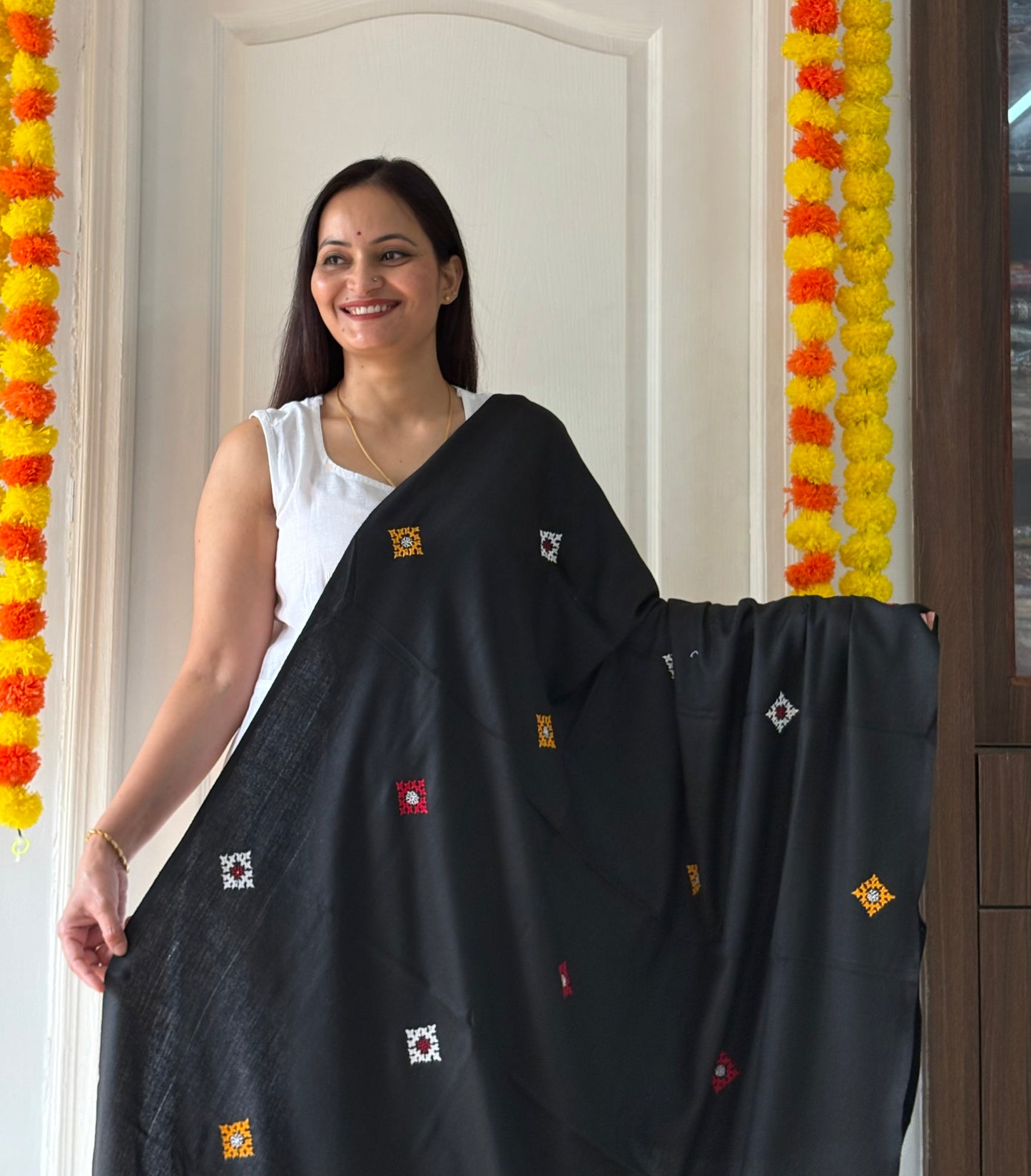 Gujrati Stitch Hand Embroidered Woollen Warm Shawl (Black)