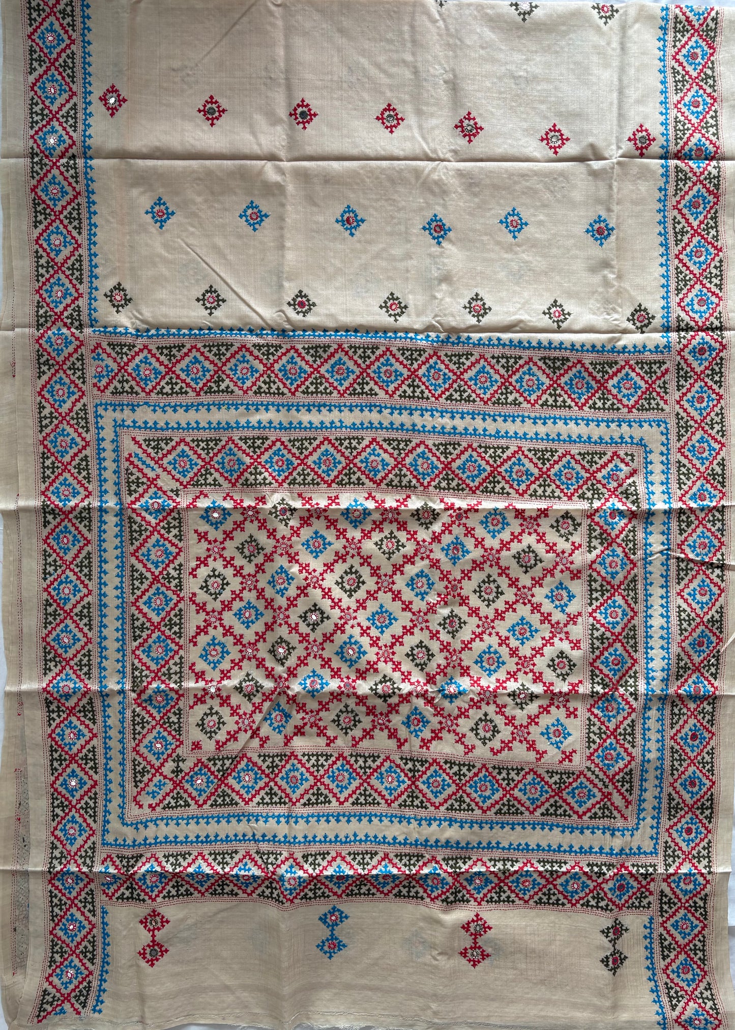 Kutchi Hand Embroidered Saree | Pure Gachi by Gachi Tassar Silk | Silk Marked | Off- White