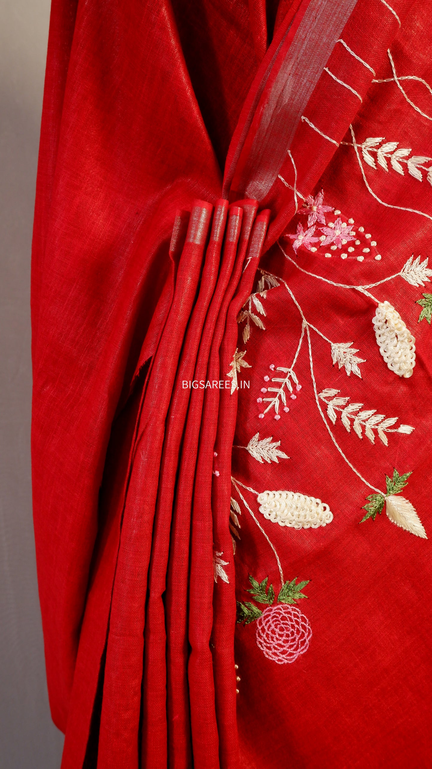 Pure Linen Saree With running Blouse - Dark Red