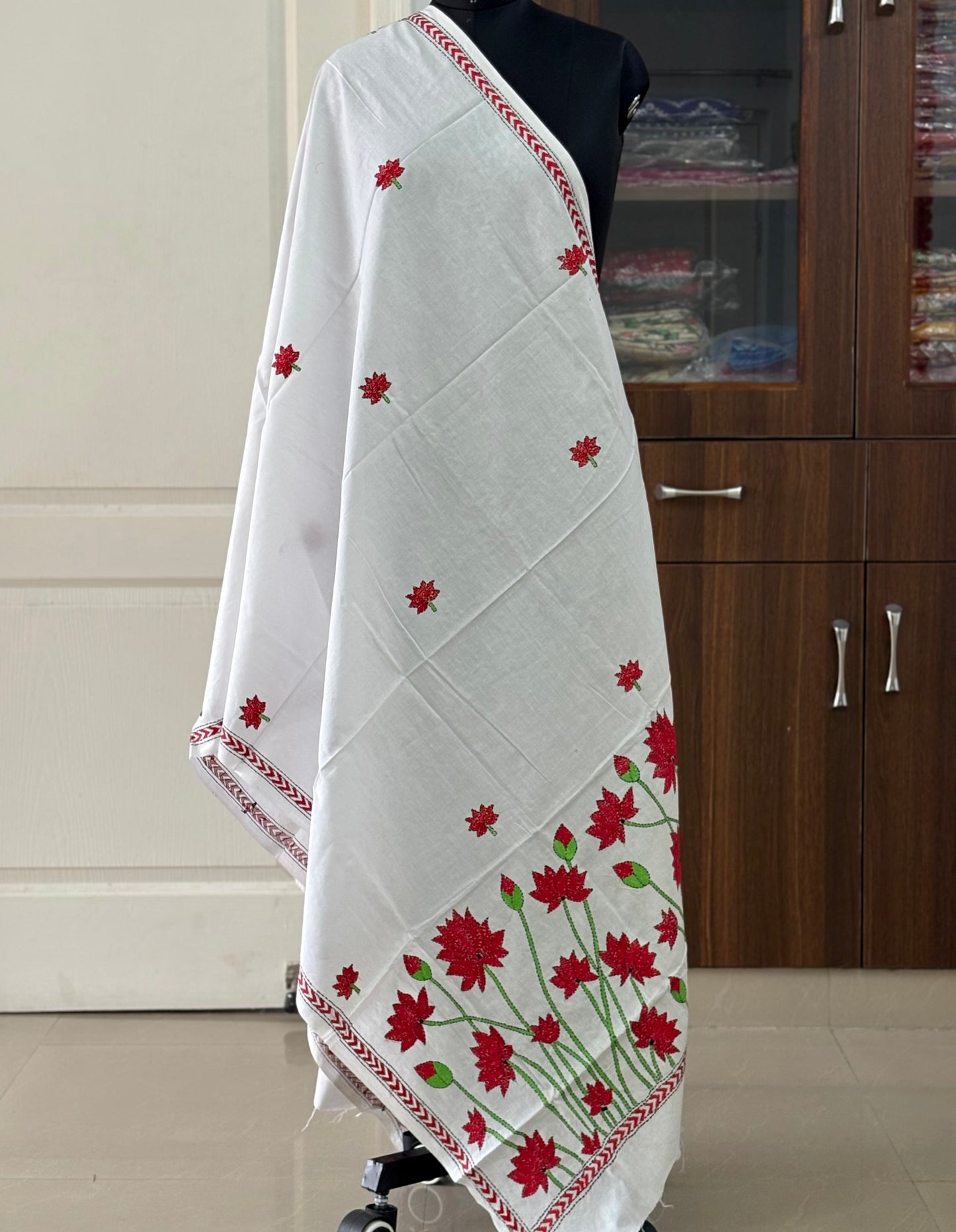 Kantha Hand Embroidary Full Work Pure Cotton Dupatta- white “36”