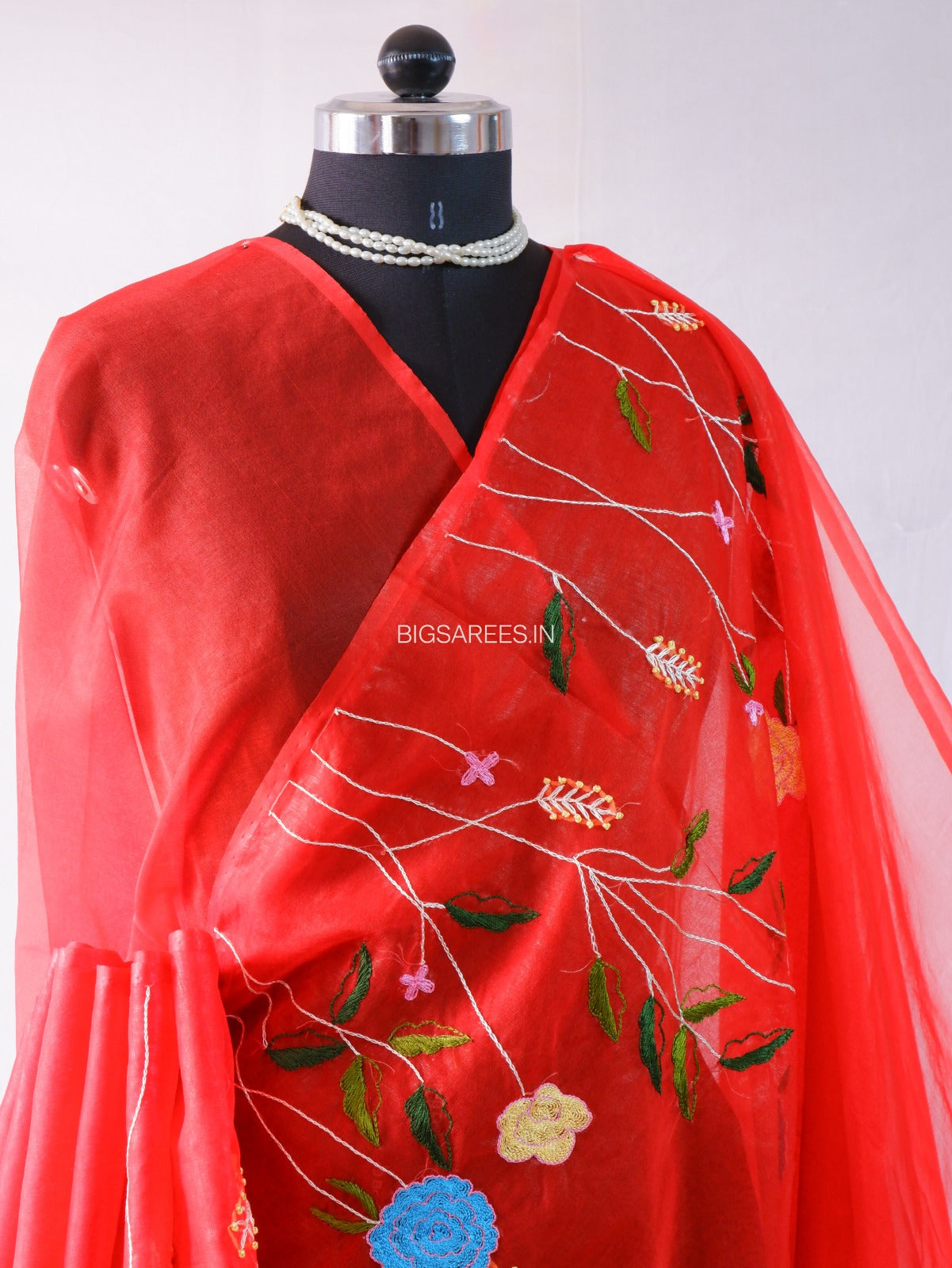 Designer Embroidered Semi Organza Silk Saree | Red
