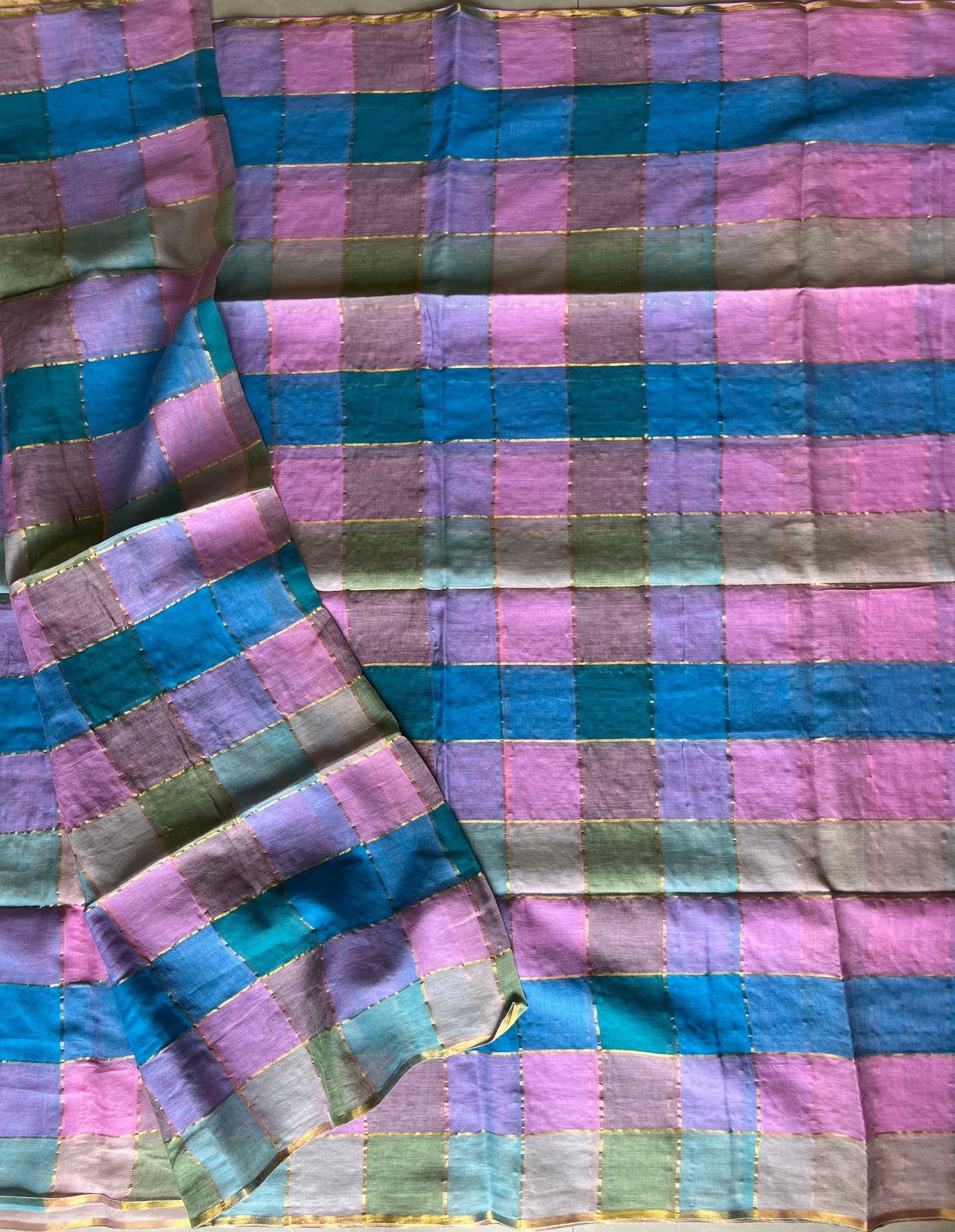 Mul Cotton Check Stripes Golden Lining Saree