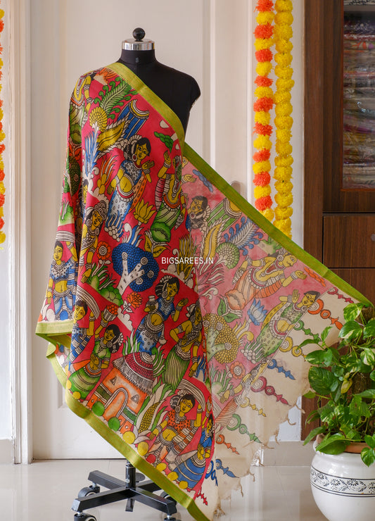 Pen Kalamkari Hand Painted Bangalore Silk Dupatta/Soft Red/36"