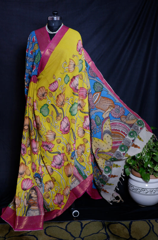 Pen Kalamkari hand painted pure cotton Saree with blouse