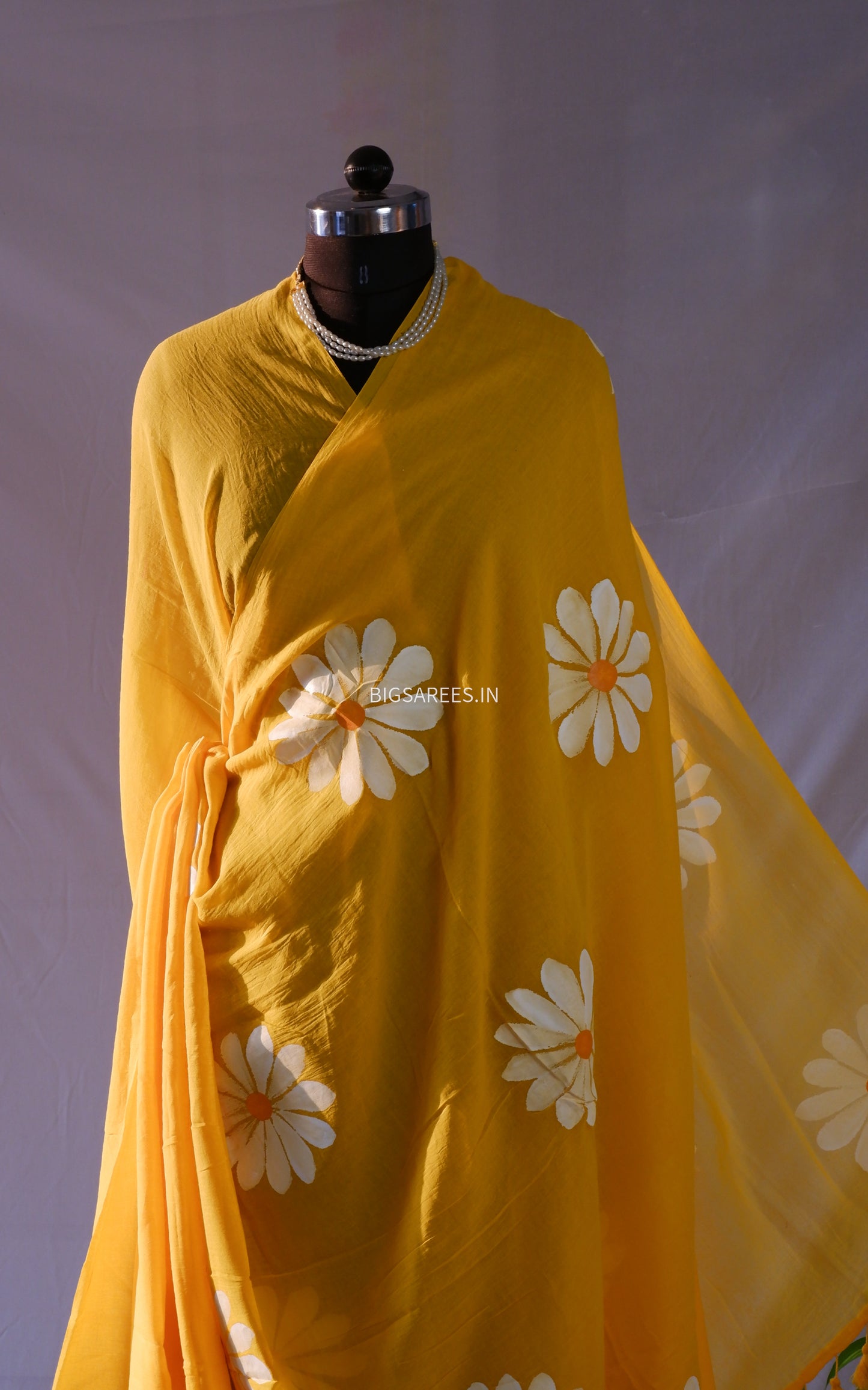 Hand Painted Mul Cotton Saree with Blouse | Yellow