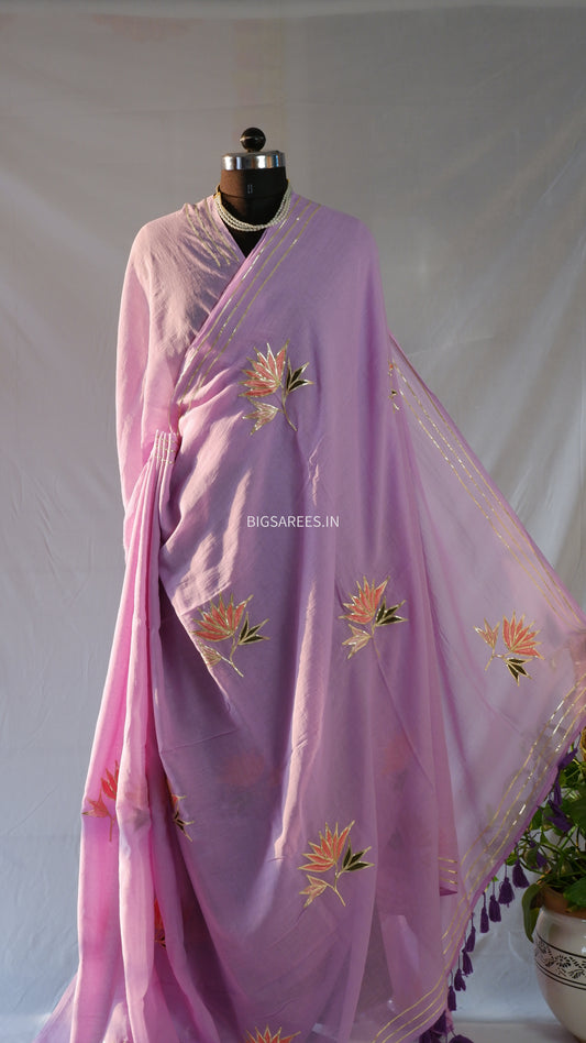 Gota appliqué work Mul Cotton Saree - lavender