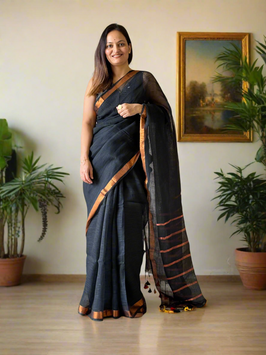 Black Linen By Linen Saree With Blouse
