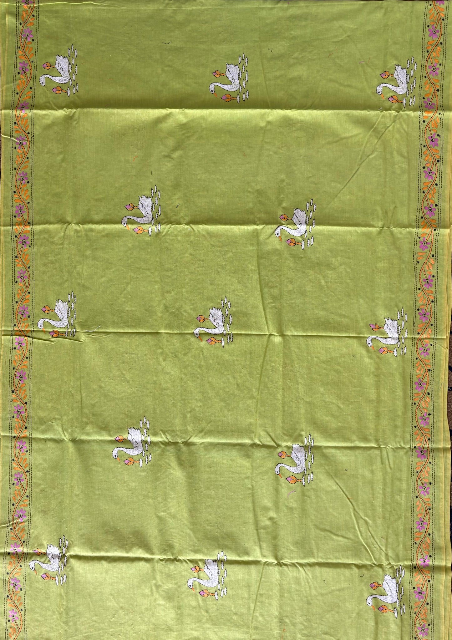 Kantha stitch Khadi Cotton Saree - Green