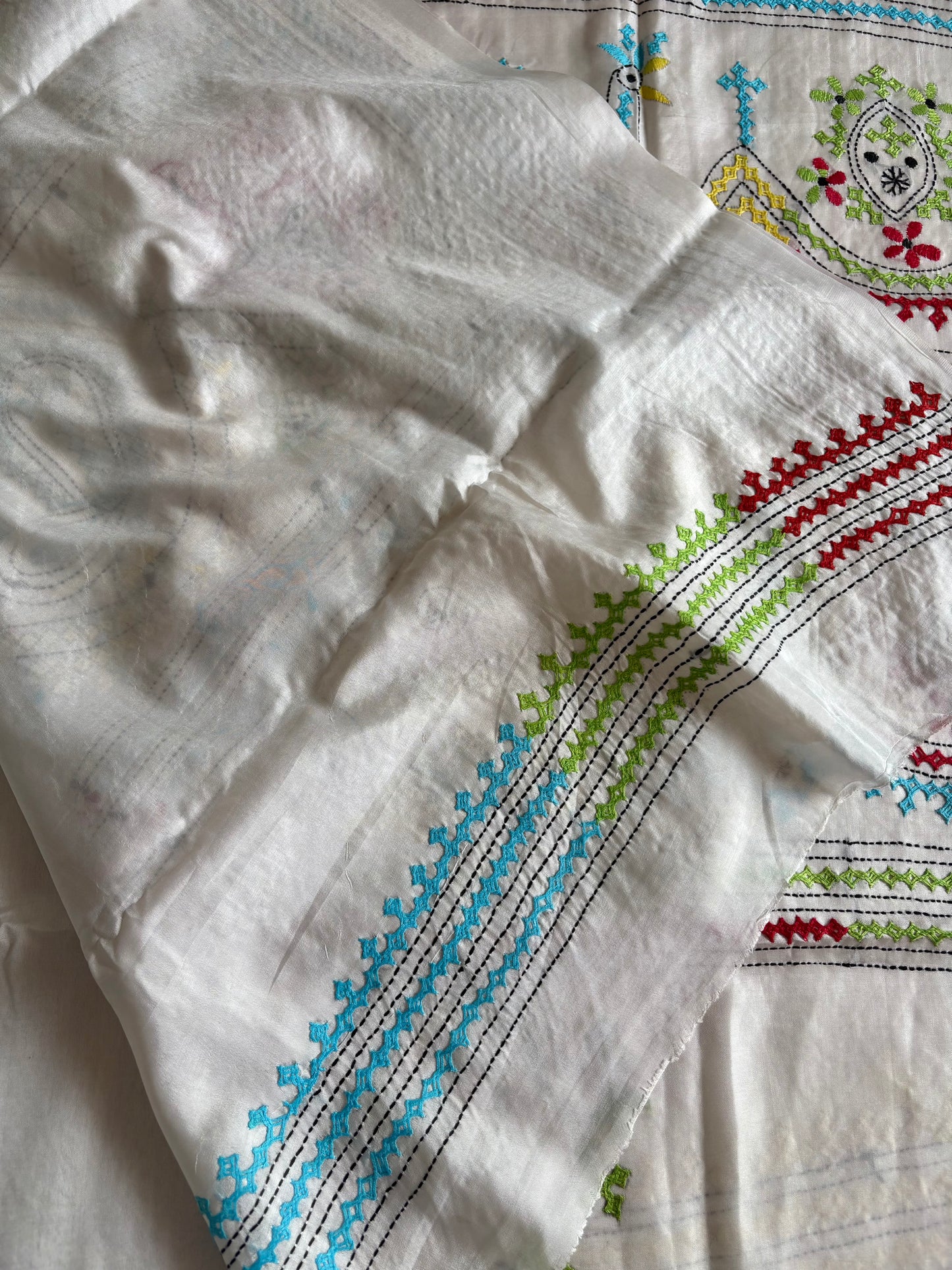 Gujrati Stitch/Kutch Hand Embroidered Art Silk Saree