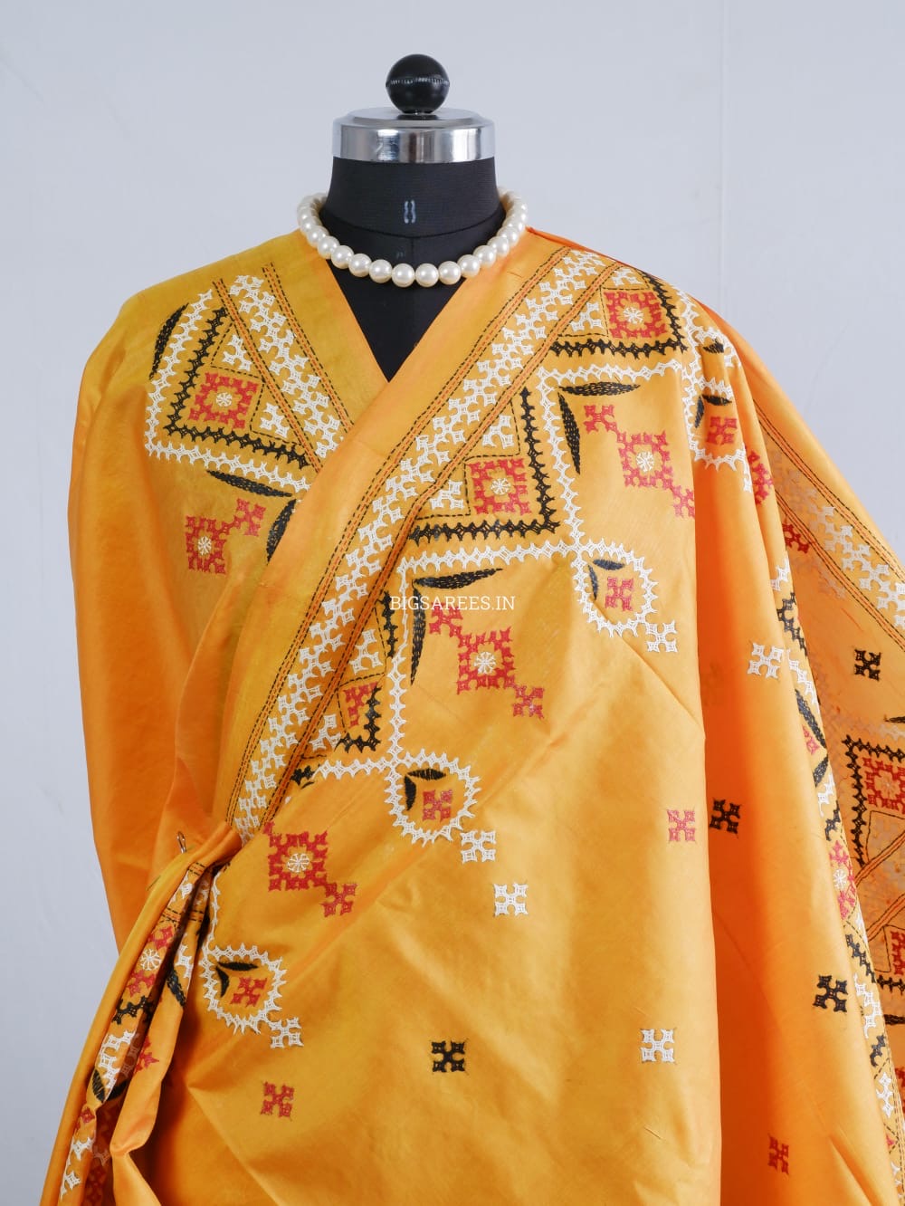 Kutch Hand Embroidered Saree| Pure Bangalore Silk | Amber