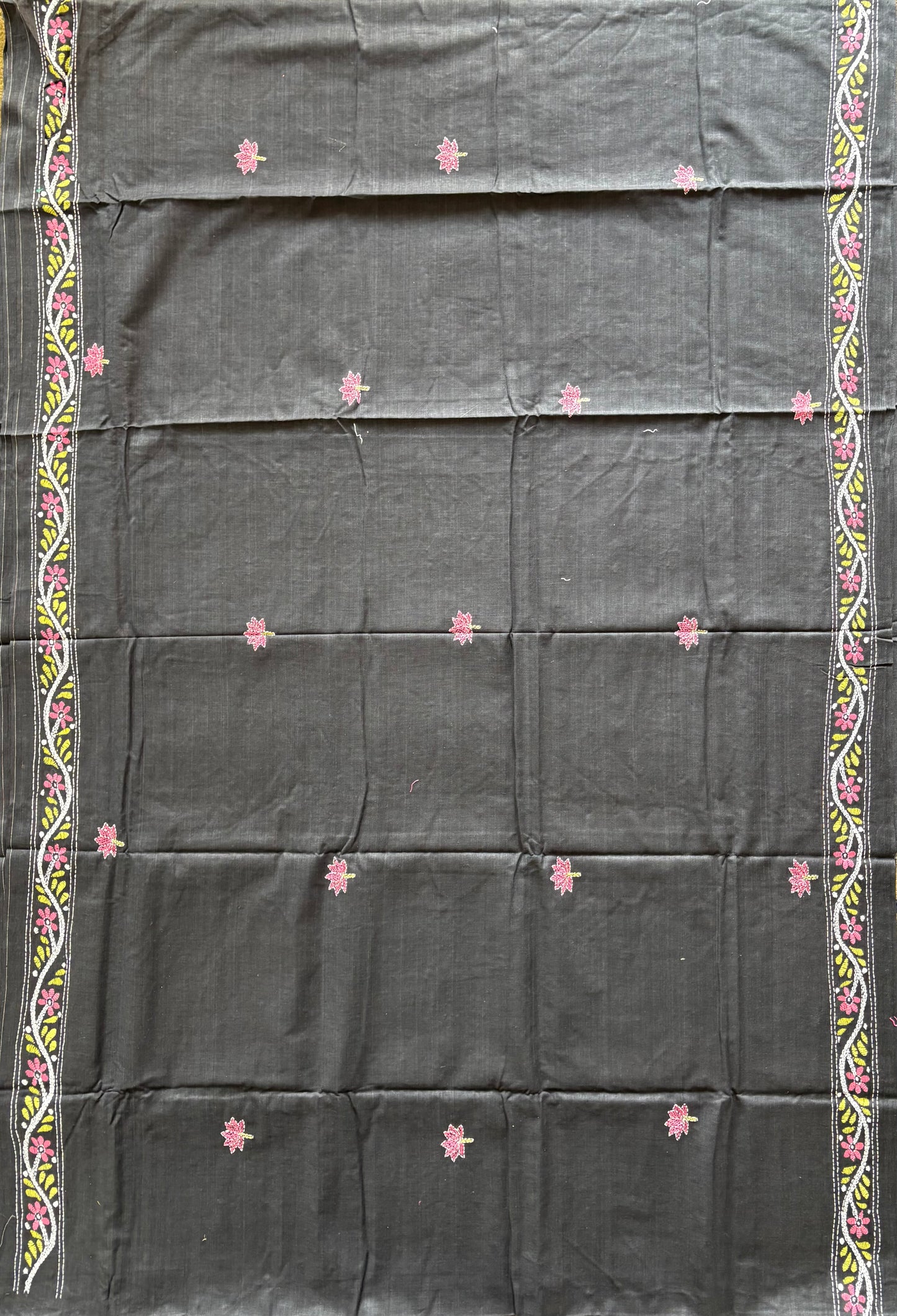 Kantha stitch Khadi Cotton Saree - Black