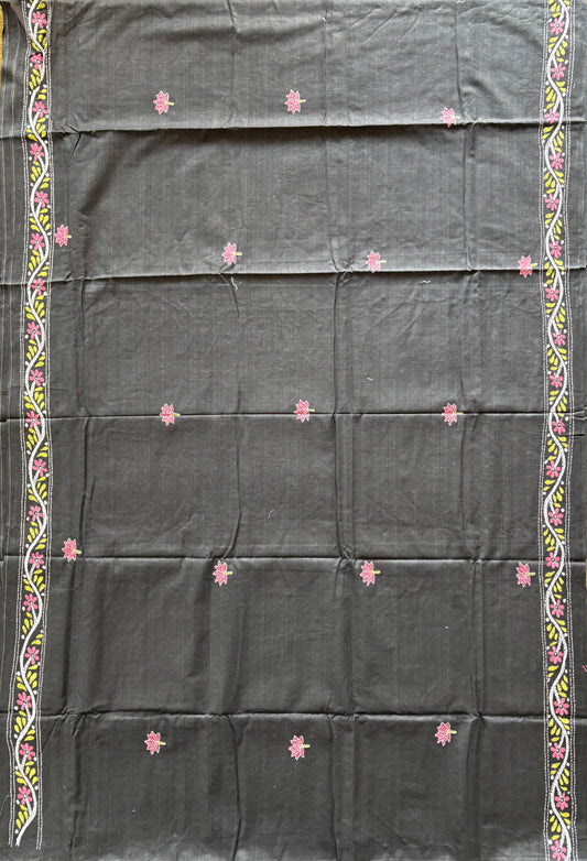 Kantha stitch Khadi Cotton Saree - Black