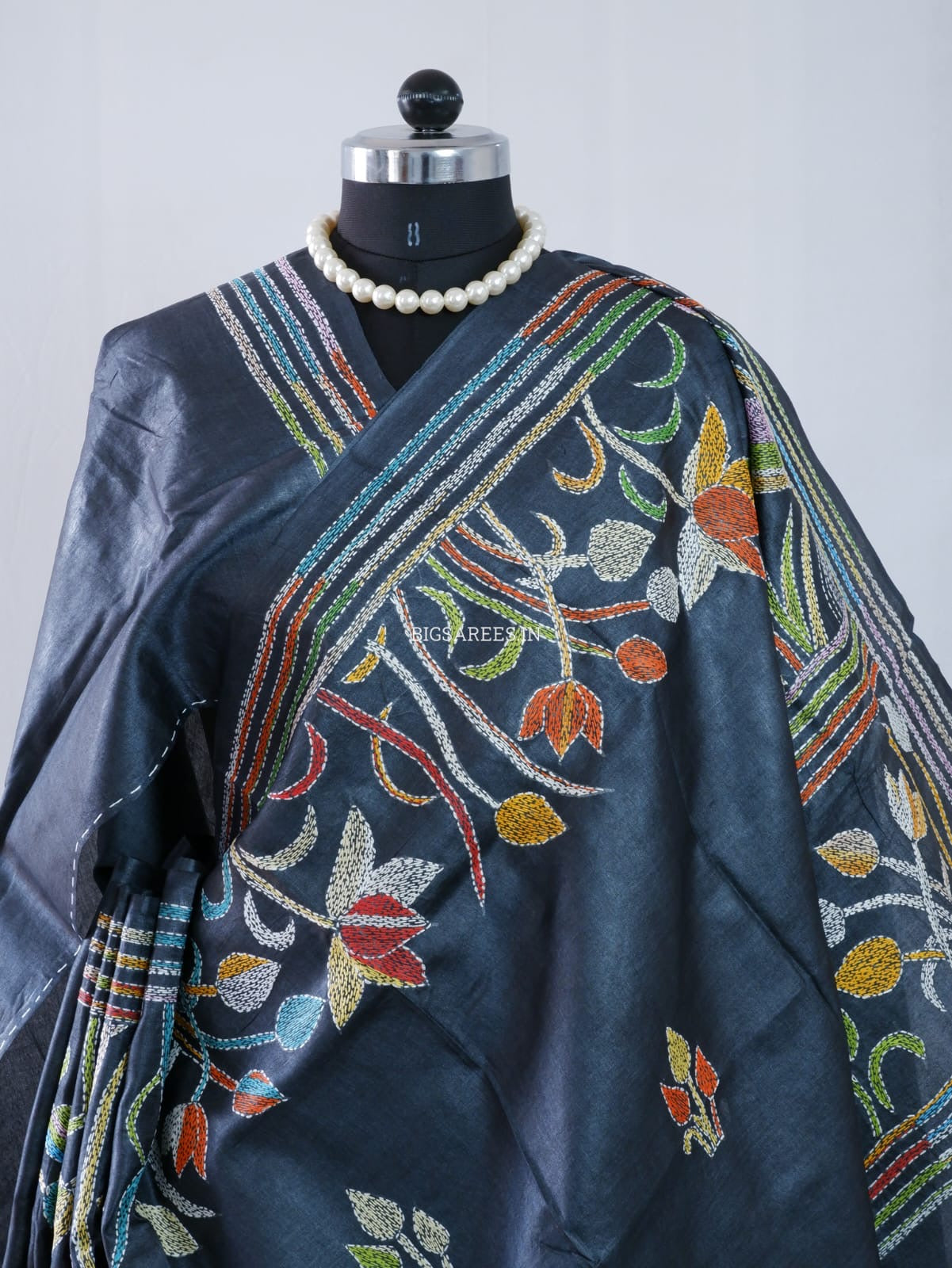 Kantha Hand Embroidered Pure Tussar Silk Saree